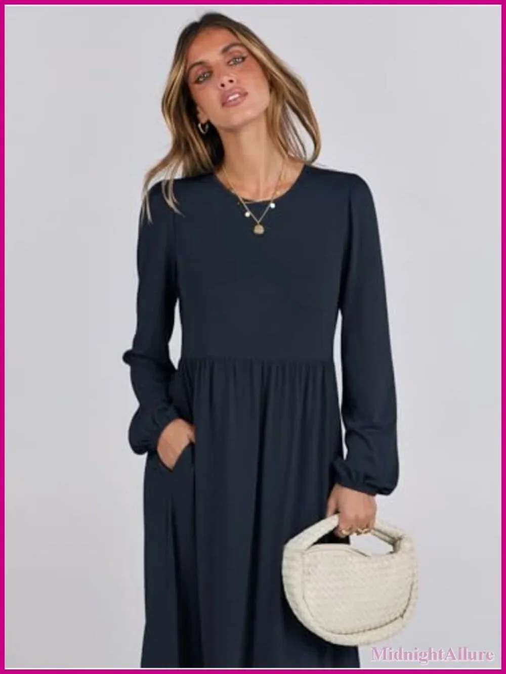 Flowy Tiered Midi Dress Long Sleeve A-Line Cotton Blend with Pockets